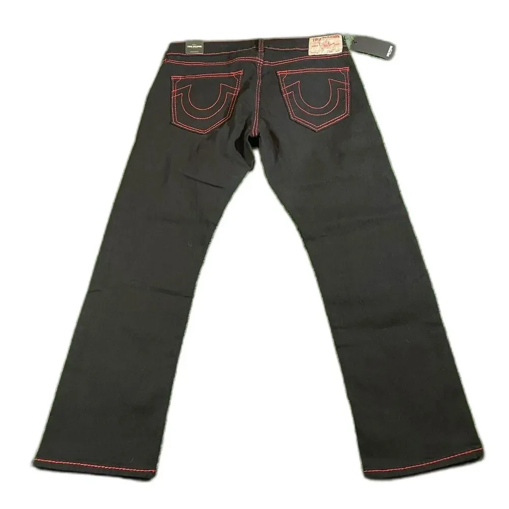 True Religion Ricky Relaxed straight leg Y2K mega stitch black red jeans 34x30